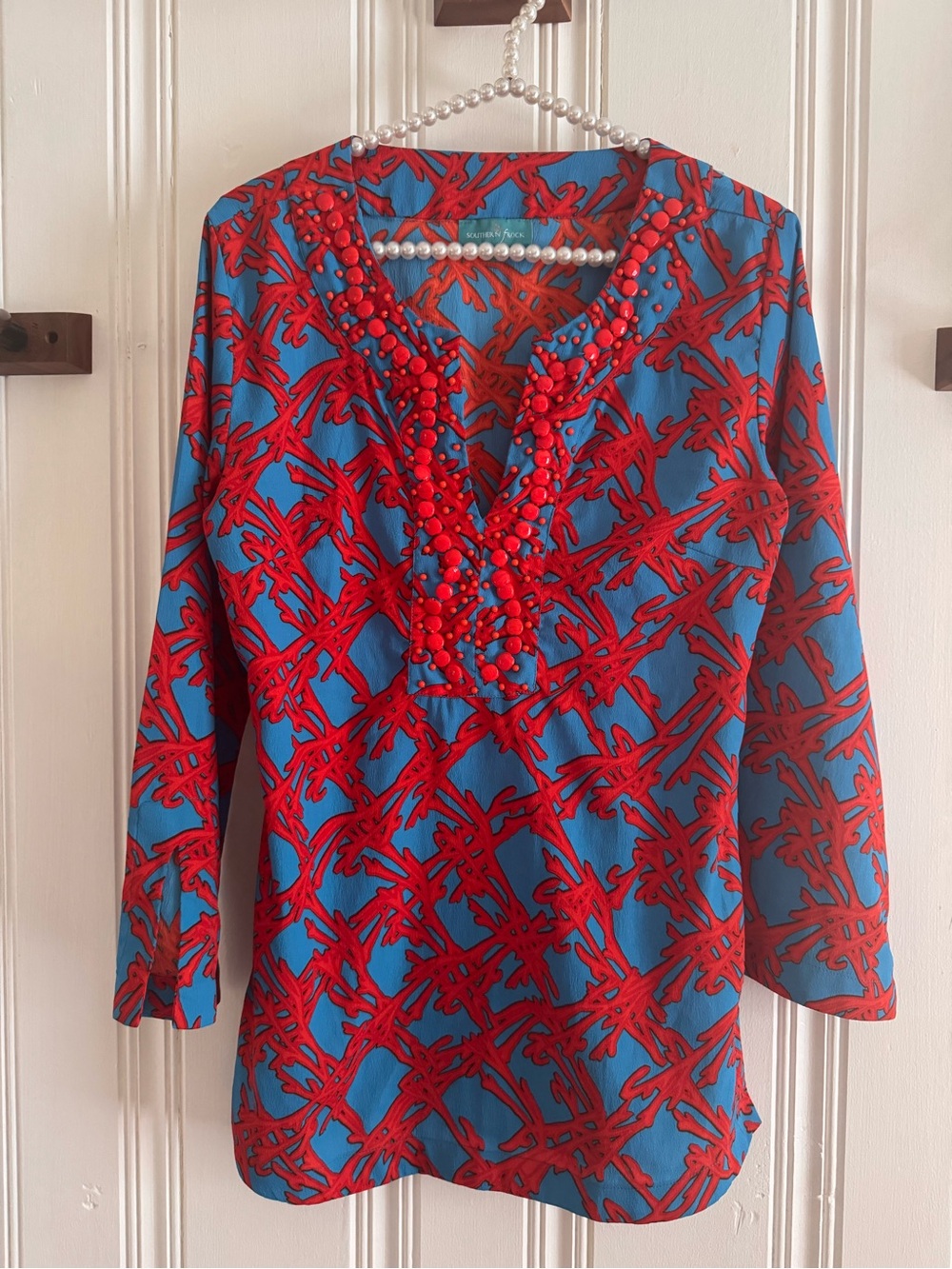 Blue and Red Beaded V-Neck Tunic